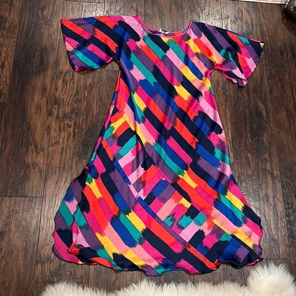 vtg 70s lucie ann colorful dress wide sleeves 2 sides slits size 12 petite GUC